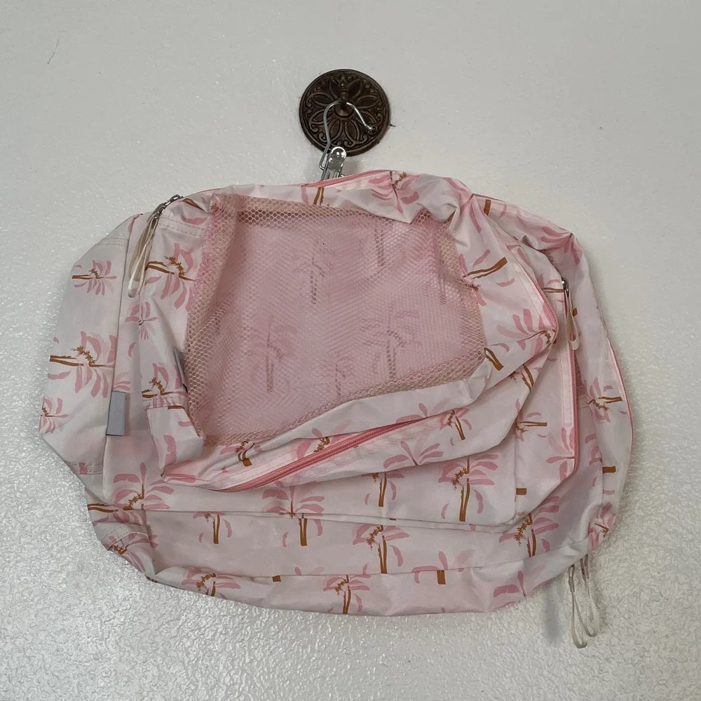 Hang Accessories Travel Organizer Bag Pink White Floral Mesh Pocket Zipper Case